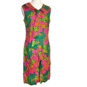Lee Holliday Kelly Green, Pink, Orange, & Green Floral Print Midi Shift Dress